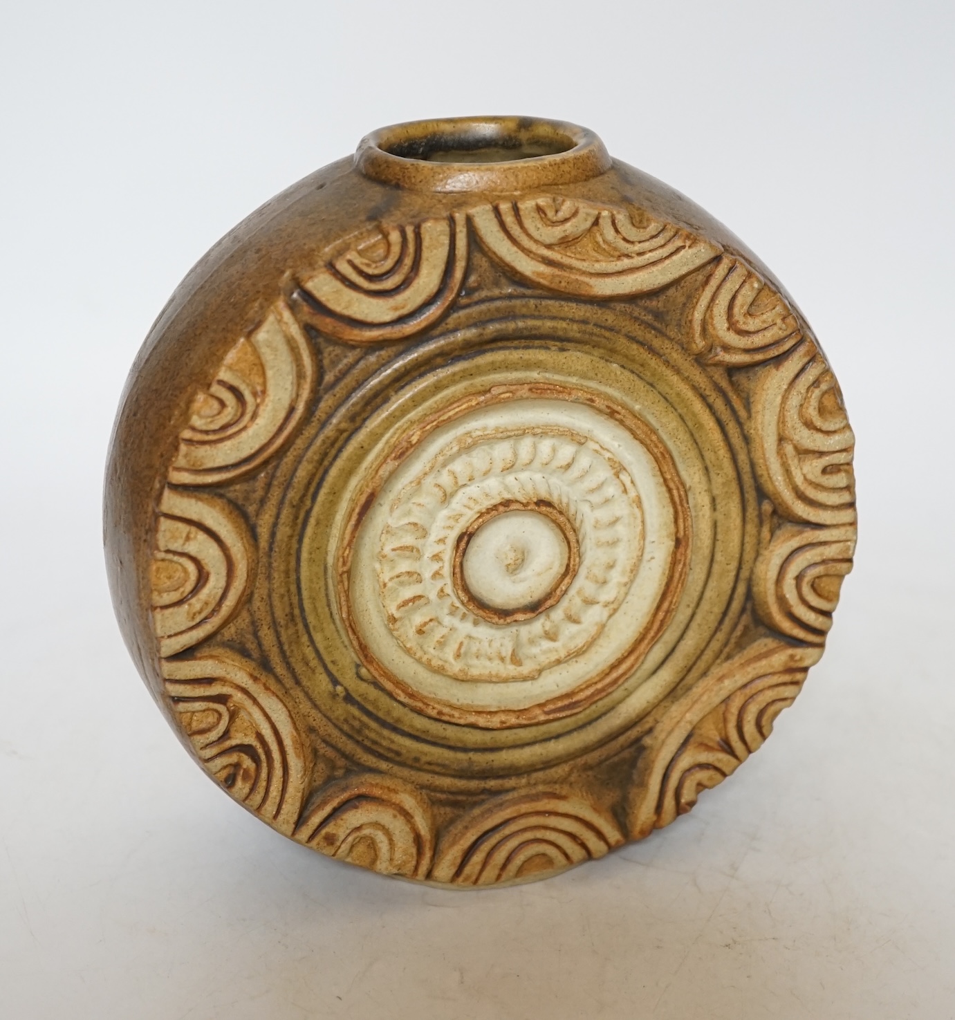 A Bernard Rooke circular pottery vase, signed BR on base, 18.5cm high